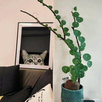 a cat peeking out from behind a potted plant