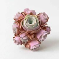 A single, vibrant pink rose flower surrounded by other pink flowers against a plain white background.