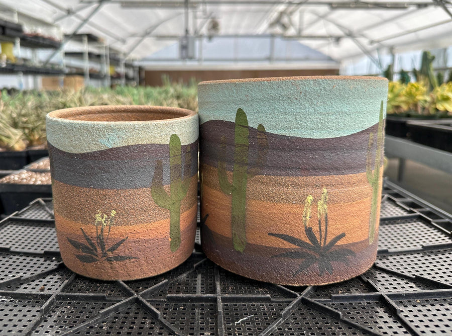 Pot- Handmade Decorated Pottery 'desert scene planter' (5”-6”)